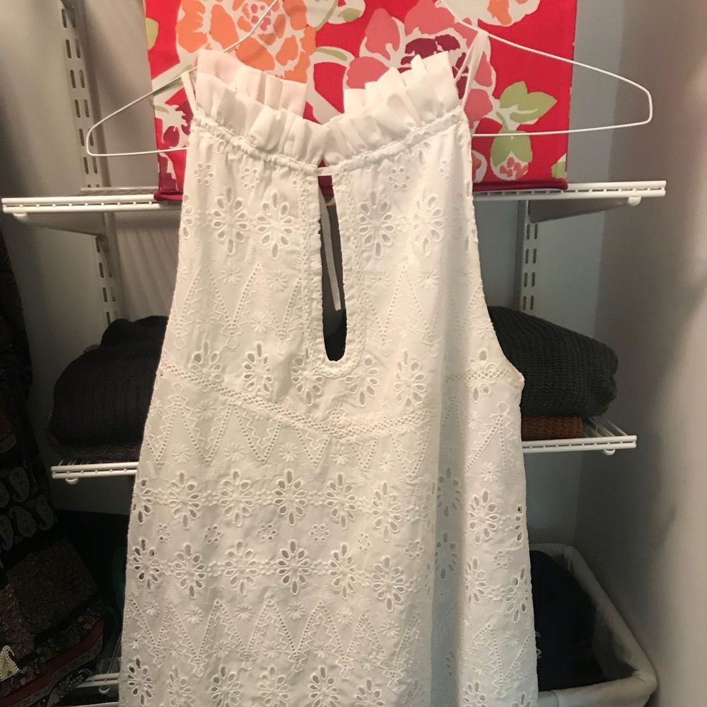 white eyelet high-neck mini shift dress